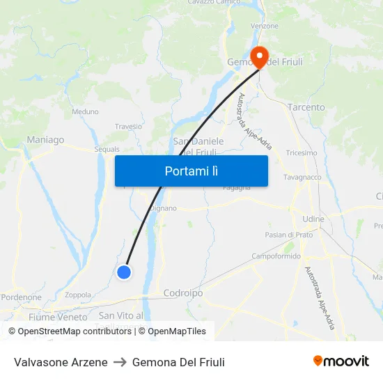 Valvasone Arzene to Gemona Del Friuli map