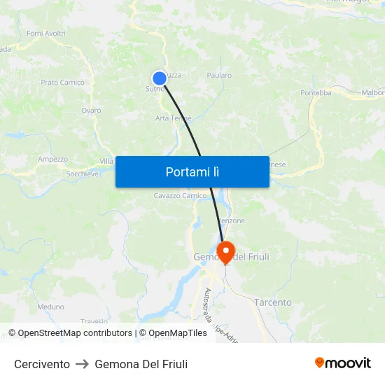 Cercivento to Gemona Del Friuli map