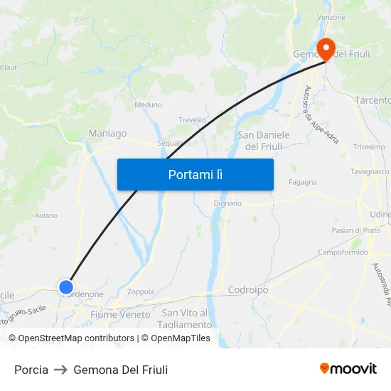 Porcia to Gemona Del Friuli map