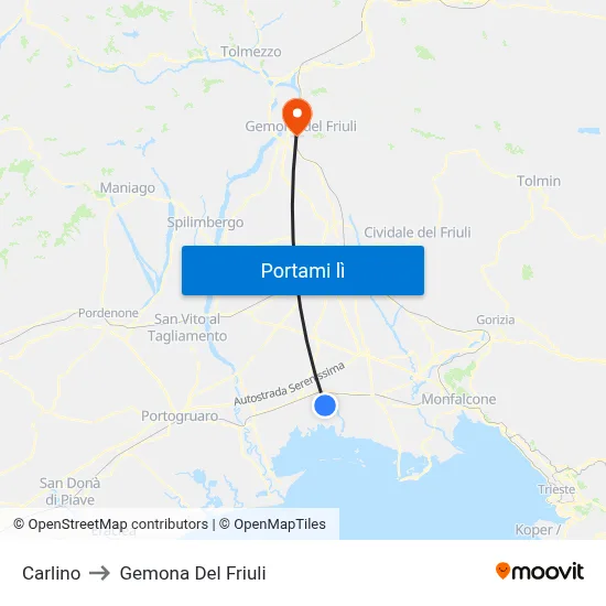 Carlino to Gemona Del Friuli map