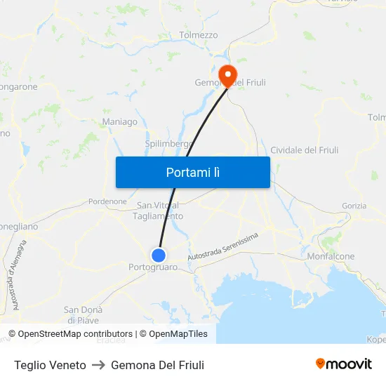 Teglio Veneto to Gemona Del Friuli map