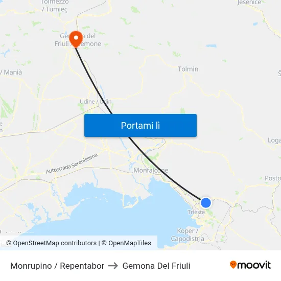 Monrupino / Repentabor to Gemona Del Friuli map
