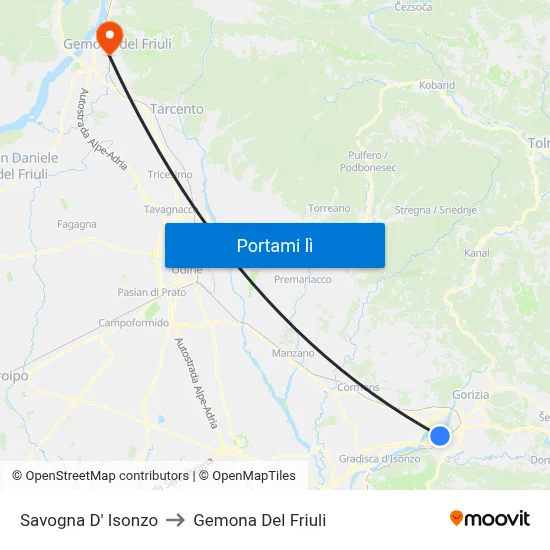 Savogna D' Isonzo to Gemona Del Friuli map