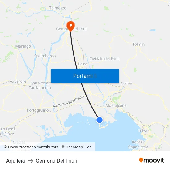 Aquileia to Gemona Del Friuli map