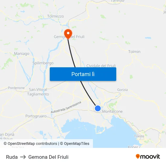 Ruda to Gemona Del Friuli map