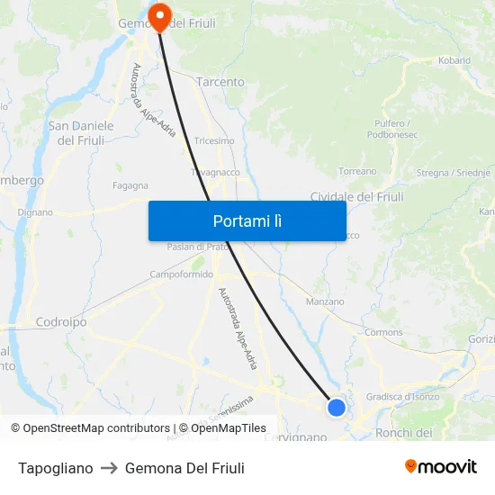 Tapogliano to Gemona Del Friuli map