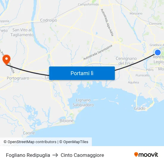 Fogliano Redipuglia to Cinto Caomaggiore map
