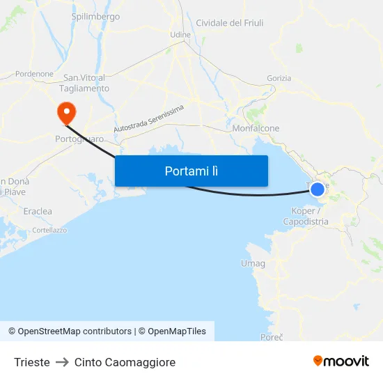 Trieste to Cinto Caomaggiore map
