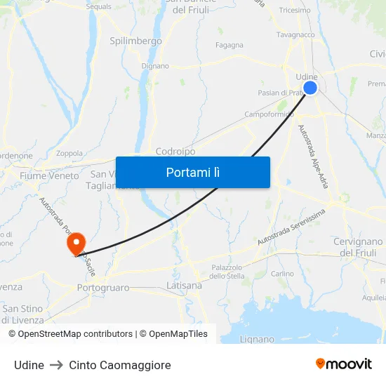 Udine to Cinto Caomaggiore map