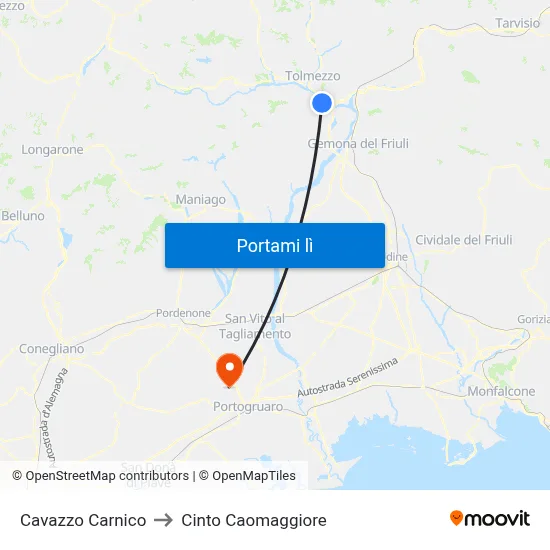 Cavazzo Carnico to Cinto Caomaggiore map