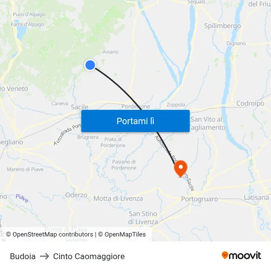 Budoia to Cinto Caomaggiore map