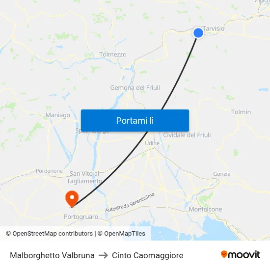 Malborghetto Valbruna to Cinto Caomaggiore map