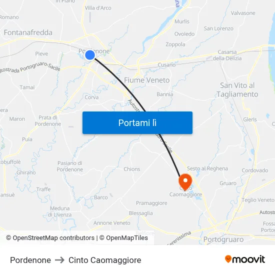 Pordenone to Cinto Caomaggiore map