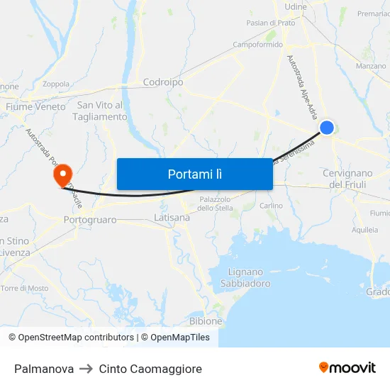 Palmanova to Cinto Caomaggiore map