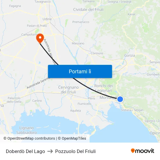 Doberdò Del Lago to Pozzuolo Del Friuli map