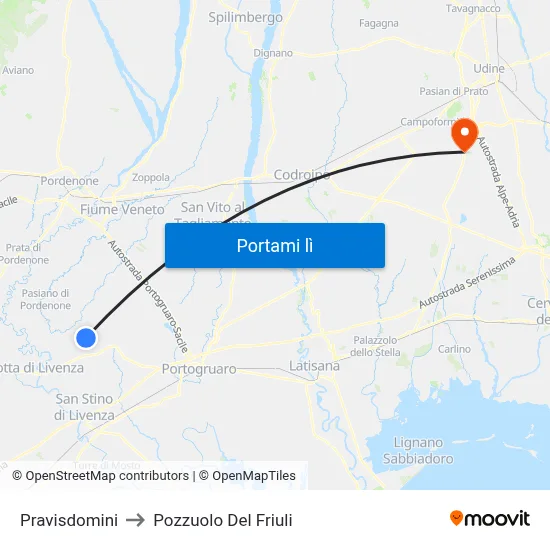 Pravisdomini to Pozzuolo Del Friuli map