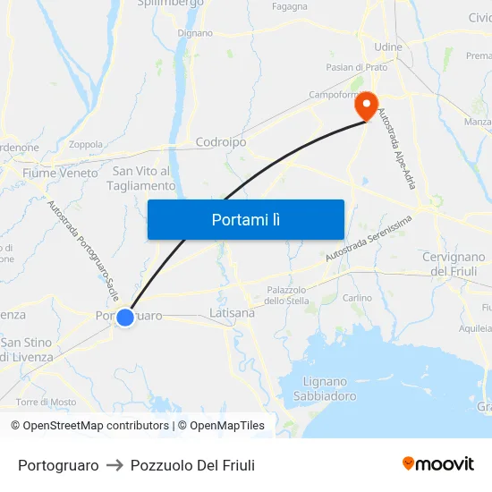 Portogruaro to Pozzuolo Del Friuli map