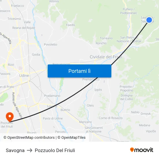 Savogna to Pozzuolo Del Friuli map