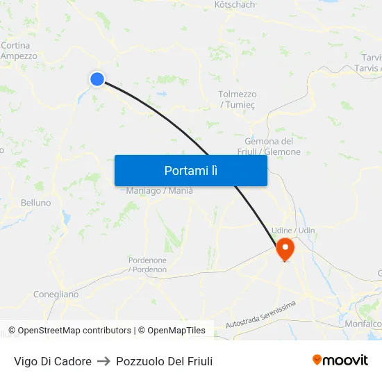 Vigo Di Cadore to Pozzuolo Del Friuli map