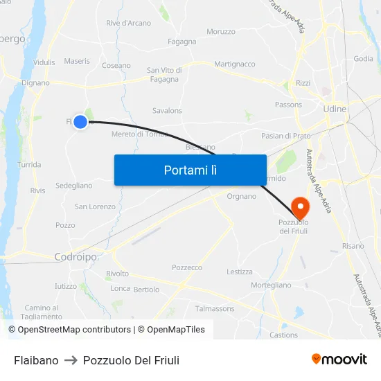 Flaibano to Pozzuolo Del Friuli map