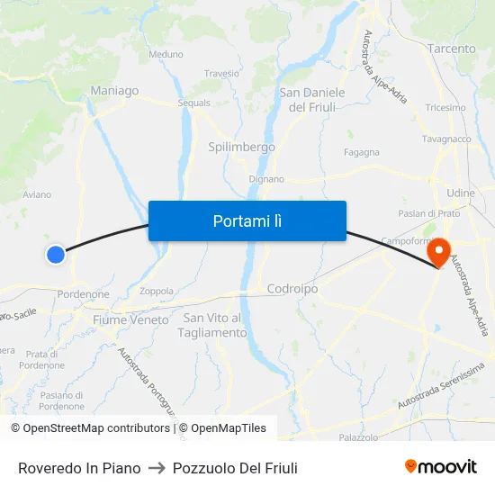 Roveredo In Piano to Pozzuolo Del Friuli map