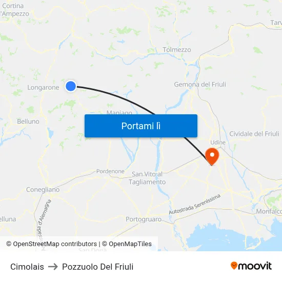 Cimolais to Pozzuolo Del Friuli map