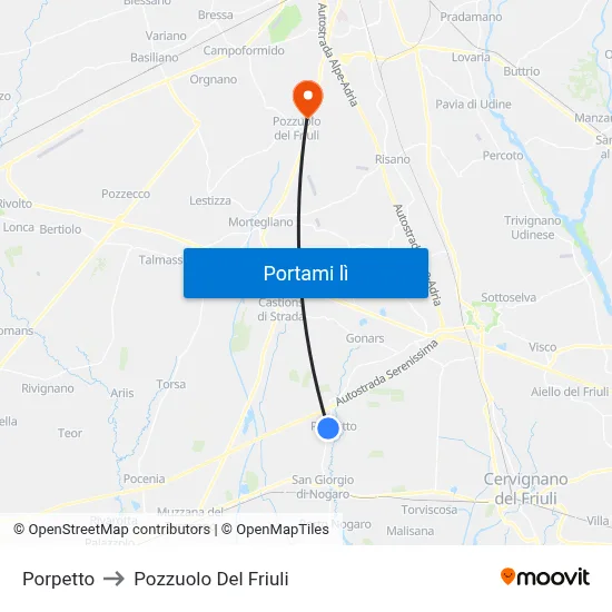 Porpetto to Pozzuolo Del Friuli map