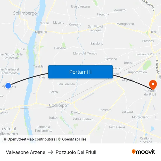 Valvasone Arzene to Pozzuolo Del Friuli map