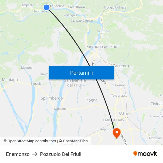 Enemonzo to Pozzuolo Del Friuli map