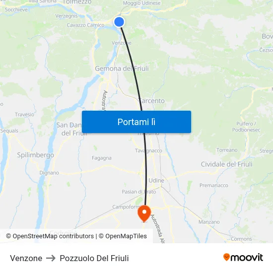 Venzone to Pozzuolo Del Friuli map