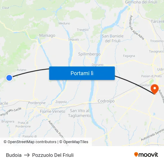 Budoia to Pozzuolo Del Friuli map