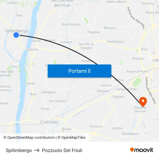 Spilimbergo to Pozzuolo Del Friuli map