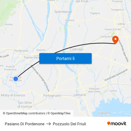 Pasiano Di Pordenone to Pozzuolo Del Friuli map