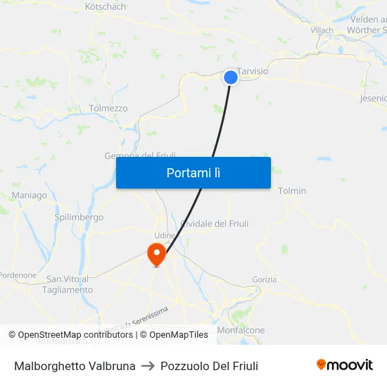 Malborghetto Valbruna to Pozzuolo Del Friuli map