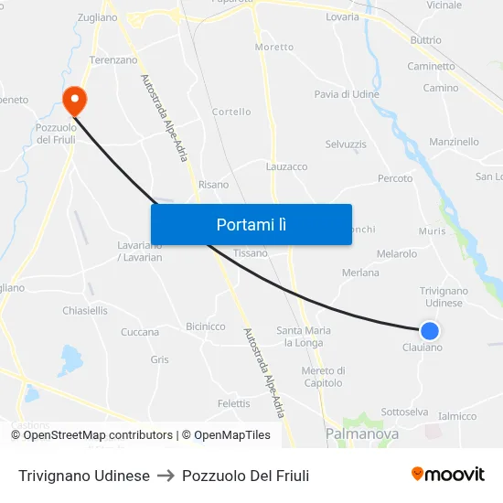 Trivignano Udinese to Pozzuolo Del Friuli map