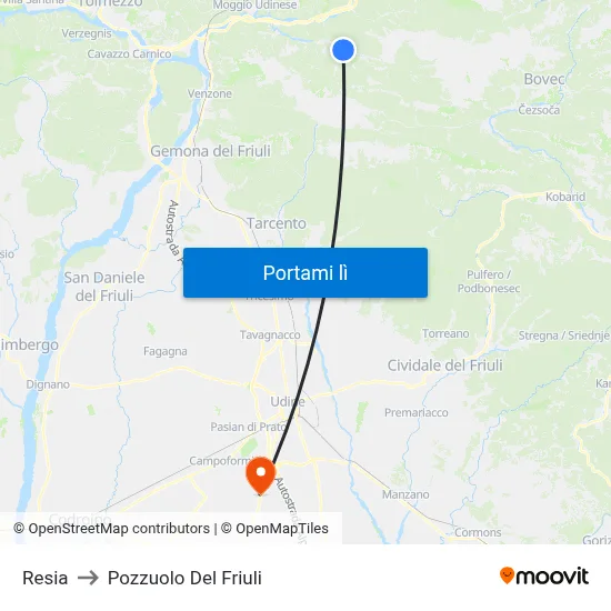 Resia to Pozzuolo Del Friuli map