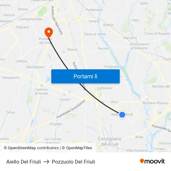 Aiello Del Friuli to Pozzuolo Del Friuli map