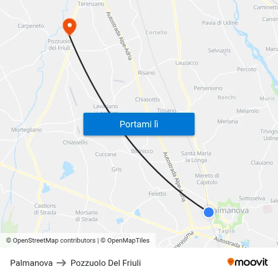 Palmanova to Pozzuolo Del Friuli map