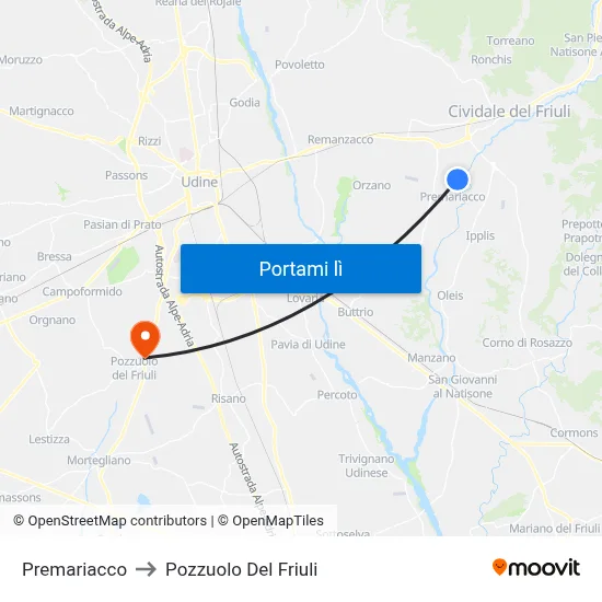 Premariacco to Pozzuolo Del Friuli map