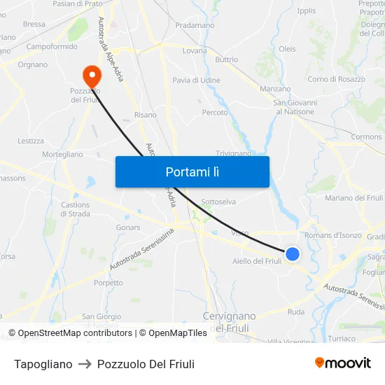 Tapogliano to Pozzuolo Del Friuli map