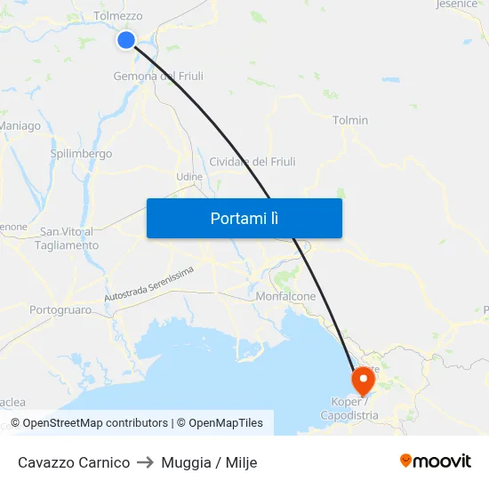 Cavazzo Carnico to Muggia / Milje map