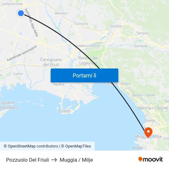 Pozzuolo Del Friuli to Muggia / Milje map