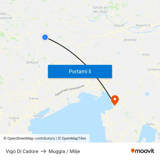 Vigo Di Cadore to Muggia / Milje map