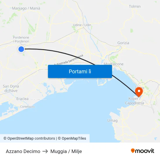 Azzano Decimo to Muggia / Milje map