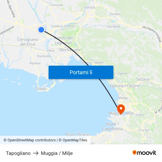 Tapogliano to Muggia / Milje map