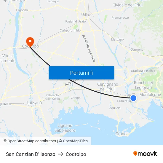 San Canzian D' Isonzo to Codroipo map