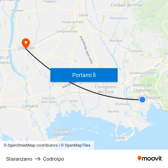 Staranzano to Codroipo map