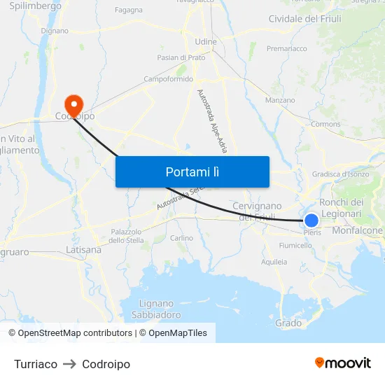 Turriaco to Codroipo map