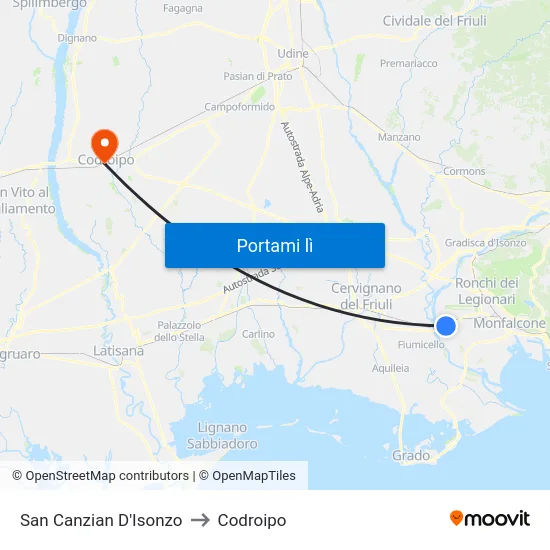 San Canzian D'Isonzo to Codroipo map