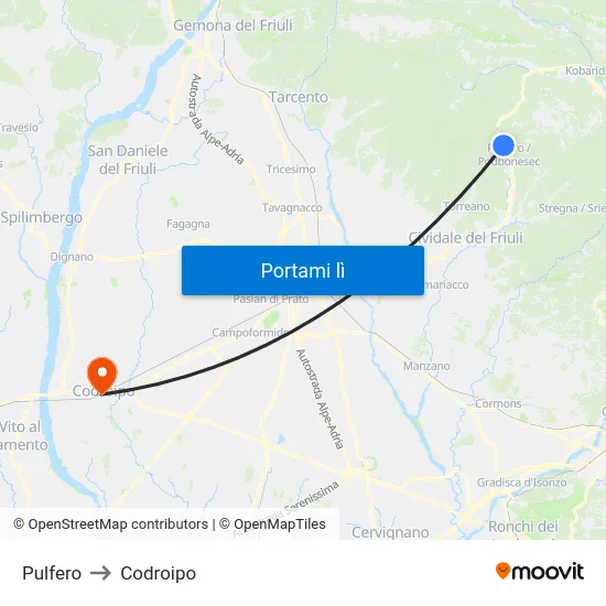 Pulfero to Codroipo map